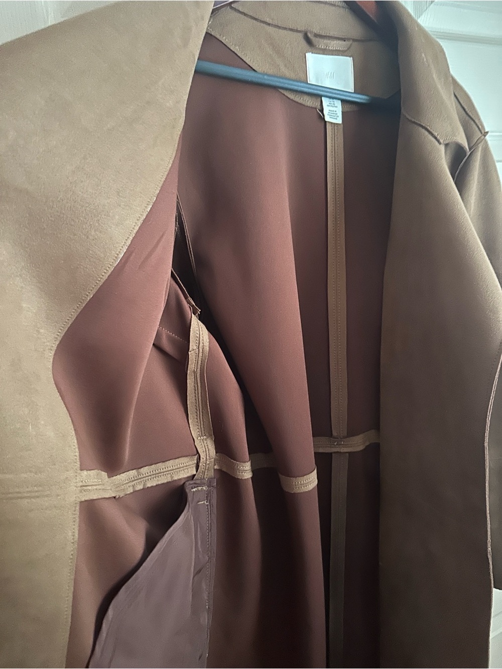 H&M Cognac Faux Suede Draped Trench Duster Coat - Picture 3 of 6